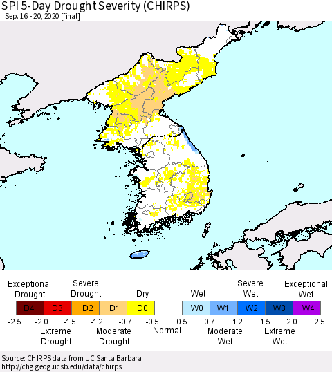 Korea SPI 5-Day Drought Severity (CHIRPS) Thematic Map For 9/16/2020 - 9/20/2020