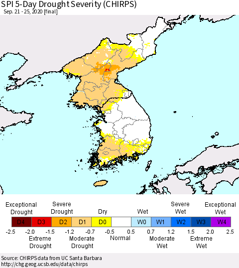 Korea SPI 5-Day Drought Severity (CHIRPS) Thematic Map For 9/21/2020 - 9/25/2020