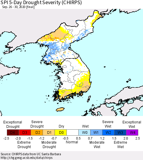 Korea SPI 5-Day Drought Severity (CHIRPS) Thematic Map For 9/26/2020 - 9/30/2020