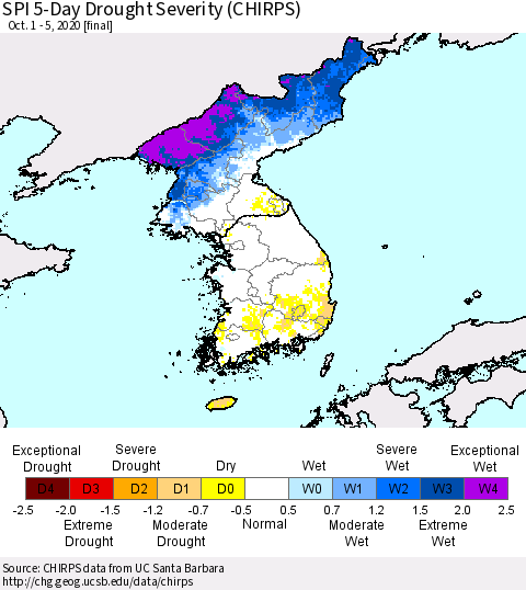 Korea SPI 5-Day Drought Severity (CHIRPS) Thematic Map For 10/1/2020 - 10/5/2020