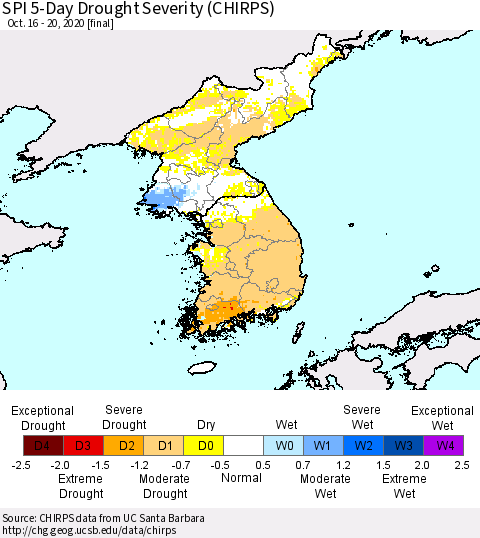 Korea SPI 5-Day Drought Severity (CHIRPS) Thematic Map For 10/16/2020 - 10/20/2020