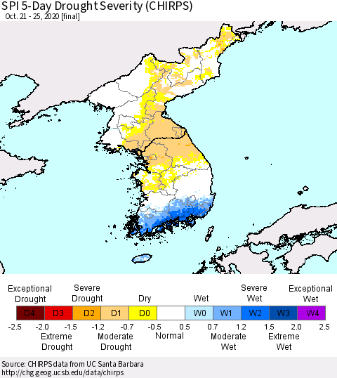 Korea SPI 5-Day Drought Severity (CHIRPS) Thematic Map For 10/21/2020 - 10/25/2020