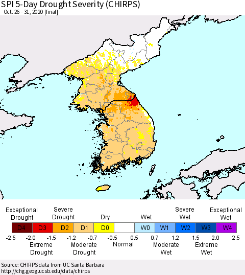 Korea SPI 5-Day Drought Severity (CHIRPS) Thematic Map For 10/26/2020 - 10/31/2020