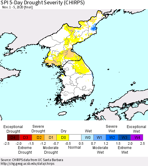 Korea SPI 5-Day Drought Severity (CHIRPS) Thematic Map For 11/1/2020 - 11/5/2020