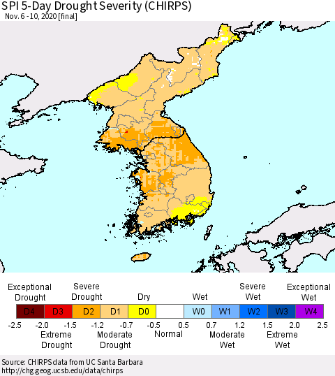 Korea SPI 5-Day Drought Severity (CHIRPS) Thematic Map For 11/6/2020 - 11/10/2020