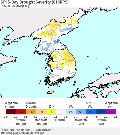 Korea SPI 5-Day Drought Severity (CHIRPS) Thematic Map For 11/21/2020 - 11/25/2020