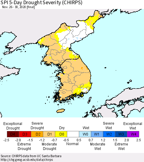 Korea SPI 5-Day Drought Severity (CHIRPS) Thematic Map For 11/26/2020 - 11/30/2020
