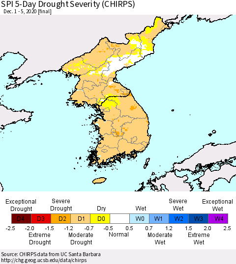 Korea SPI 5-Day Drought Severity (CHIRPS) Thematic Map For 12/1/2020 - 12/5/2020