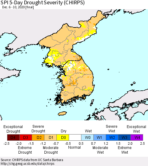 Korea SPI 5-Day Drought Severity (CHIRPS) Thematic Map For 12/6/2020 - 12/10/2020