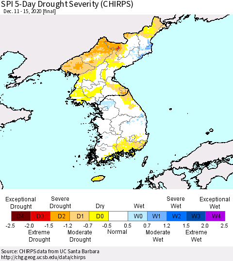 Korea SPI 5-Day Drought Severity (CHIRPS) Thematic Map For 12/11/2020 - 12/15/2020