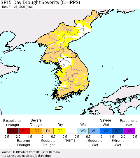 Korea SPI 5-Day Drought Severity (CHIRPS) Thematic Map For 12/21/2020 - 12/25/2020