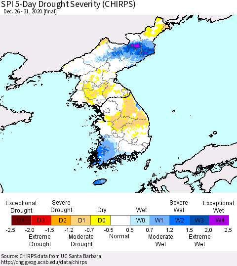 Korea SPI 5-Day Drought Severity (CHIRPS) Thematic Map For 12/26/2020 - 12/31/2020