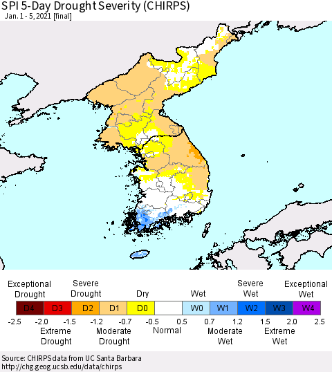 Korea SPI 5-Day Drought Severity (CHIRPS) Thematic Map For 1/1/2021 - 1/5/2021