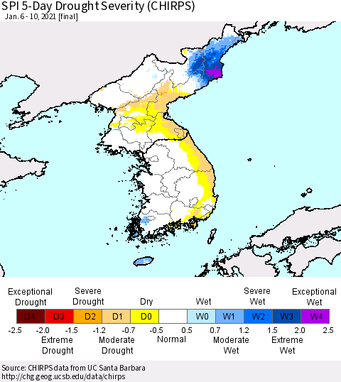 Korea SPI 5-Day Drought Severity (CHIRPS) Thematic Map For 1/6/2021 - 1/10/2021