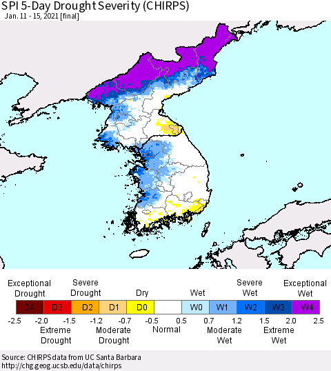 Korea SPI 5-Day Drought Severity (CHIRPS) Thematic Map For 1/11/2021 - 1/15/2021