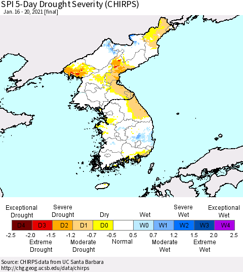 Korea SPI 5-Day Drought Severity (CHIRPS) Thematic Map For 1/16/2021 - 1/20/2021