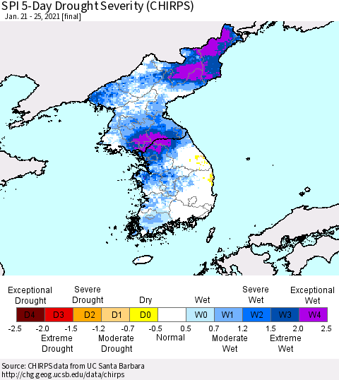 Korea SPI 5-Day Drought Severity (CHIRPS) Thematic Map For 1/21/2021 - 1/25/2021