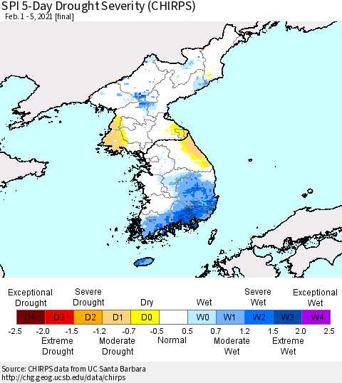 Korea SPI 5-Day Drought Severity (CHIRPS) Thematic Map For 2/1/2021 - 2/5/2021