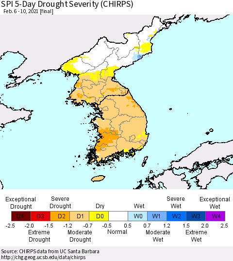 Korea SPI 5-Day Drought Severity (CHIRPS) Thematic Map For 2/6/2021 - 2/10/2021