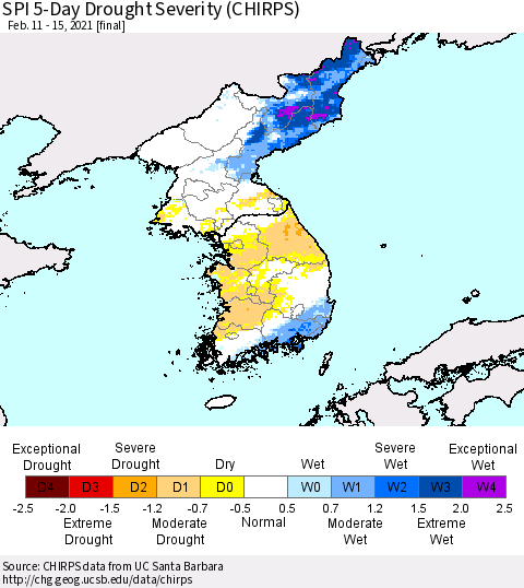 Korea SPI 5-Day Drought Severity (CHIRPS) Thematic Map For 2/11/2021 - 2/15/2021