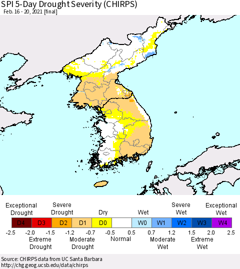 Korea SPI 5-Day Drought Severity (CHIRPS) Thematic Map For 2/16/2021 - 2/20/2021
