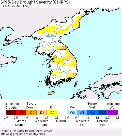Korea SPI 5-Day Drought Severity (CHIRPS) Thematic Map For 2/21/2021 - 2/25/2021
