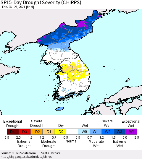 Korea SPI 5-Day Drought Severity (CHIRPS) Thematic Map For 2/26/2021 - 2/28/2021