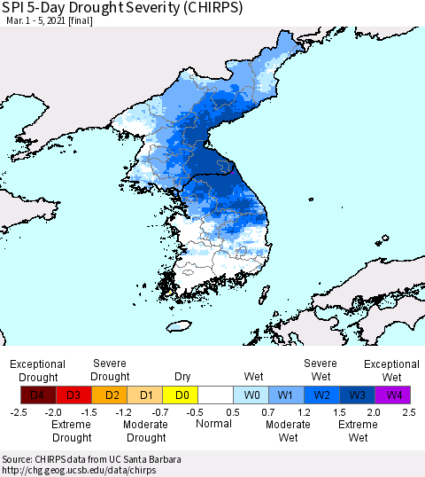 Korea SPI 5-Day Drought Severity (CHIRPS) Thematic Map For 3/1/2021 - 3/5/2021