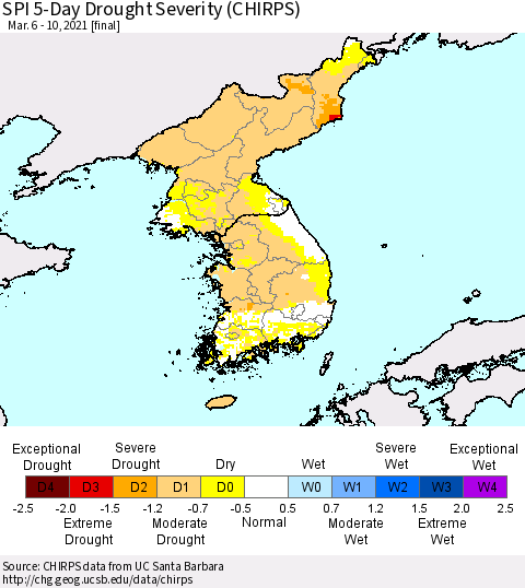 Korea SPI 5-Day Drought Severity (CHIRPS) Thematic Map For 3/6/2021 - 3/10/2021