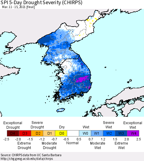 Korea SPI 5-Day Drought Severity (CHIRPS) Thematic Map For 3/11/2021 - 3/15/2021