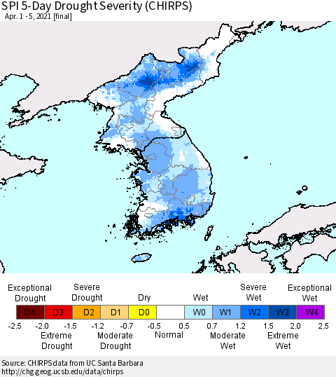 Korea SPI 5-Day Drought Severity (CHIRPS) Thematic Map For 4/1/2021 - 4/5/2021