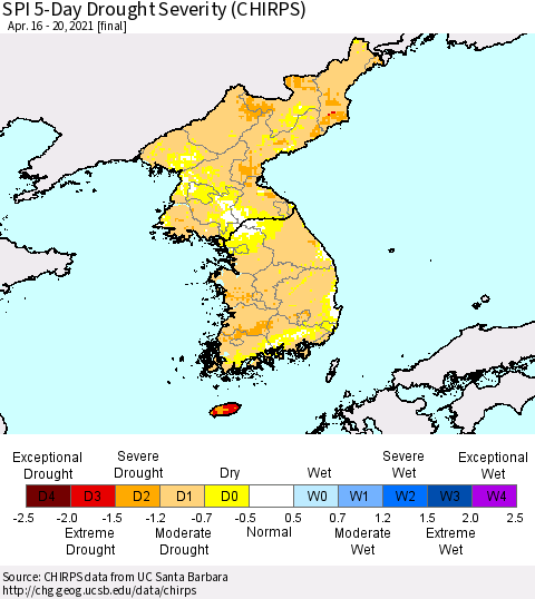 Korea SPI 5-Day Drought Severity (CHIRPS) Thematic Map For 4/16/2021 - 4/20/2021