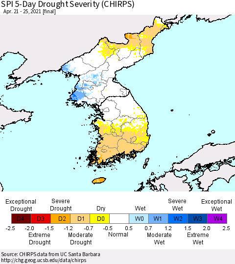 Korea SPI 5-Day Drought Severity (CHIRPS) Thematic Map For 4/21/2021 - 4/25/2021