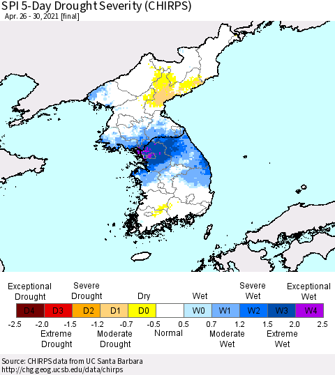 Korea SPI 5-Day Drought Severity (CHIRPS) Thematic Map For 4/26/2021 - 4/30/2021