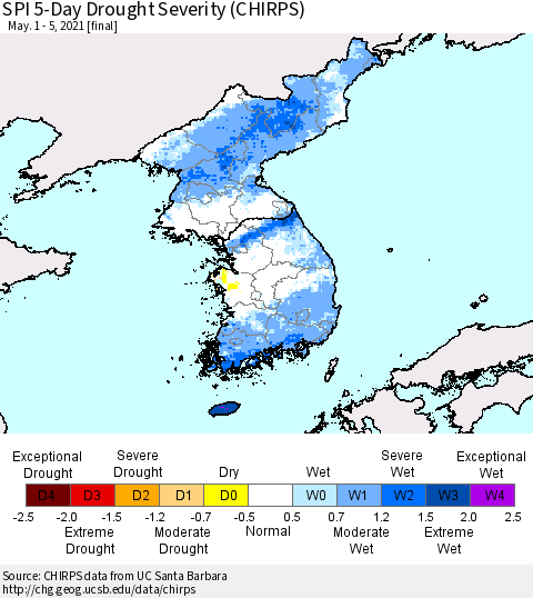 Korea SPI 5-Day Drought Severity (CHIRPS) Thematic Map For 5/1/2021 - 5/5/2021