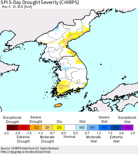 Korea SPI 5-Day Drought Severity (CHIRPS) Thematic Map For 5/6/2021 - 5/10/2021