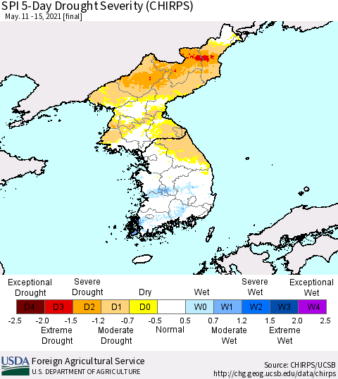 Korea SPI 5-Day Drought Severity (CHIRPS) Thematic Map For 5/11/2021 - 5/15/2021