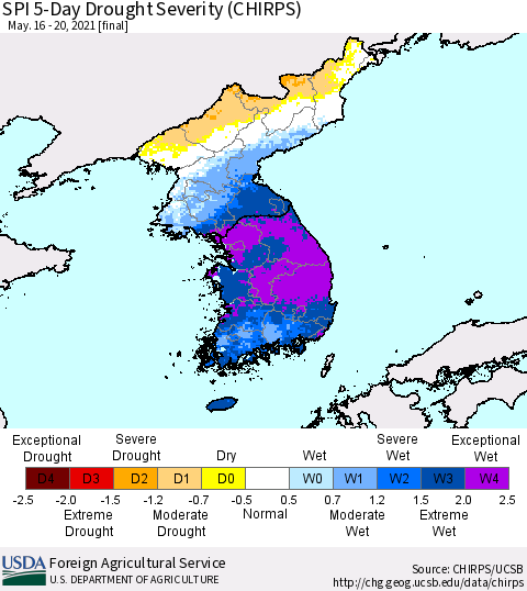 Korea SPI 5-Day Drought Severity (CHIRPS) Thematic Map For 5/16/2021 - 5/20/2021