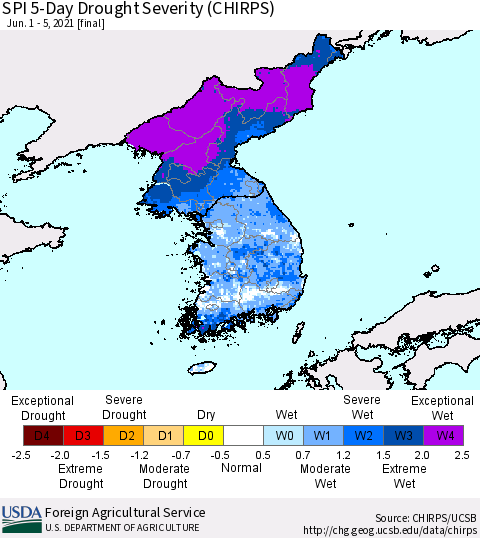Korea SPI 5-Day Drought Severity (CHIRPS) Thematic Map For 6/1/2021 - 6/5/2021