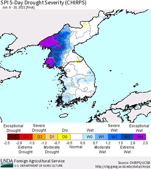 Korea SPI 5-Day Drought Severity (CHIRPS) Thematic Map For 6/6/2021 - 6/10/2021