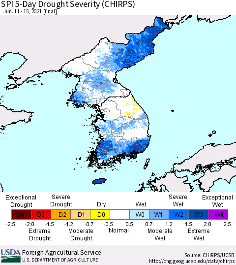 Korea SPI 5-Day Drought Severity (CHIRPS) Thematic Map For 6/11/2021 - 6/15/2021
