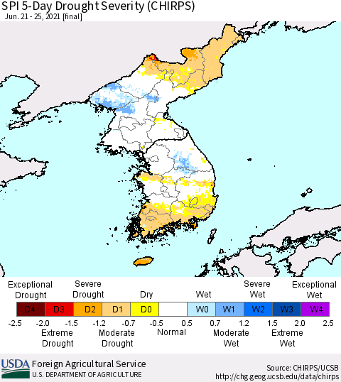 Korea SPI 5-Day Drought Severity (CHIRPS) Thematic Map For 6/21/2021 - 6/25/2021