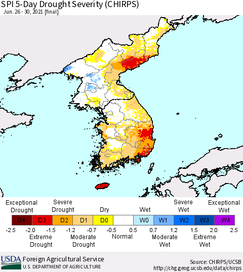 Korea SPI 5-Day Drought Severity (CHIRPS) Thematic Map For 6/26/2021 - 6/30/2021