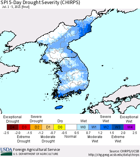Korea SPI 5-Day Drought Severity (CHIRPS) Thematic Map For 7/1/2021 - 7/5/2021