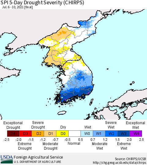 Korea SPI 5-Day Drought Severity (CHIRPS) Thematic Map For 7/6/2021 - 7/10/2021