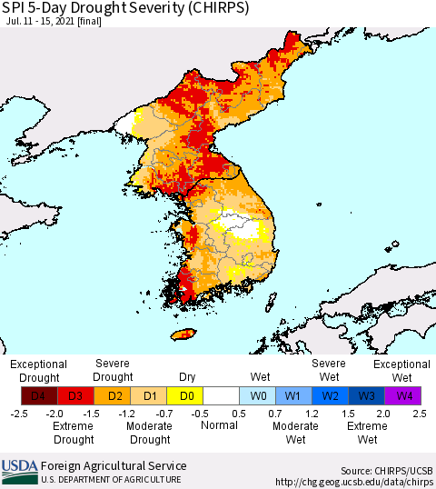 Korea SPI 5-Day Drought Severity (CHIRPS) Thematic Map For 7/11/2021 - 7/15/2021
