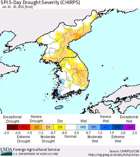 Korea SPI 5-Day Drought Severity (CHIRPS) Thematic Map For 7/16/2021 - 7/20/2021
