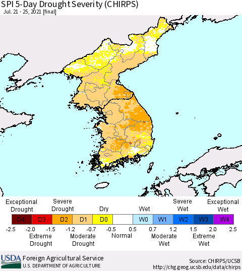 Korea SPI 5-Day Drought Severity (CHIRPS) Thematic Map For 7/21/2021 - 7/25/2021