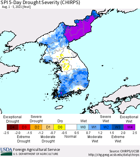 Korea SPI 5-Day Drought Severity (CHIRPS) Thematic Map For 8/1/2021 - 8/5/2021