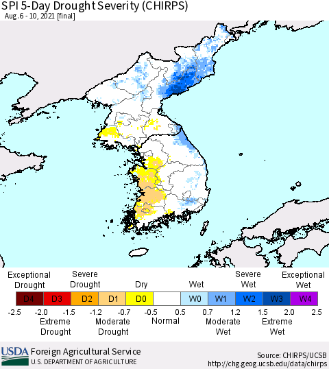Korea SPI 5-Day Drought Severity (CHIRPS) Thematic Map For 8/6/2021 - 8/10/2021